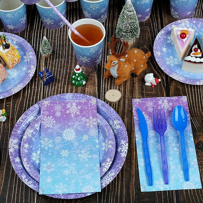 Winter Snowflake Paper Plates and Napkins Set, Blue and Purple Snowflake Winter Wonderland Disposable Tableware for Christmas Winter Holiday New Year Birthday Party Supplies Decorations, Serve 50