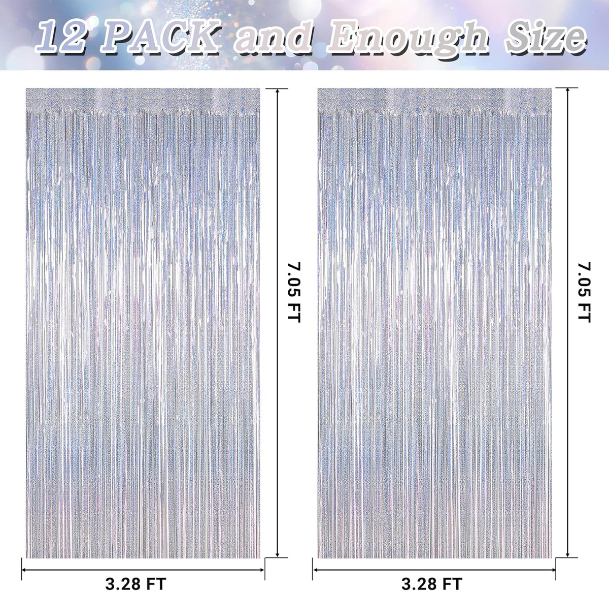12 Pack Fringe Backdrop, 3.28 FT x 7.08 FT Glitter Silver Tinsel Curtain, Metallic Foil Curtains Party Streamer Disco Backdrop, Silver Party Decorations for Bachelorette Birthday Holiday