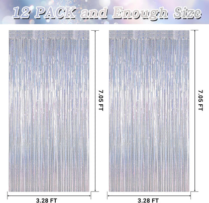 12 Pack Fringe Backdrop, 3.28 FT x 7.08 FT Glitter Silver Tinsel Curtain, Metallic Foil Curtains Party Streamer Disco Backdrop, Silver Party Decorations for Bachelorette Birthday Holiday