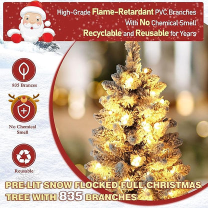 MUPATER 6ft Snow Flocked Christmas Tree Pre-lit, Christmas Flocked Tree with Warm Lights, Artificial Holiday Christmas Tree with Stand for Home, Party