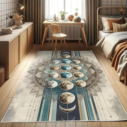 Ambesonne Lunar Art Decorative Rug, Oriental Bohemian Mandala with Moon Phase and Abstract Lines Modern, Quality Carpet for Bedroom Dorm and Living Room, 2' 2" x 3' 7", Cadet Blue and Eggshell