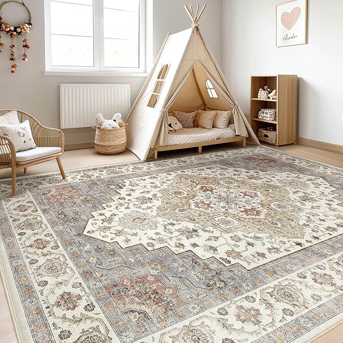 9x12 Area Rug Living Room: Washable Boho Large Neutral Vintage Soft Rugs Stain Resistant Farmhouse Non-Slip Indoor Floor Carpet for Bedroom Nursery Kids Playroom Office Dining Room- Orange Beige
