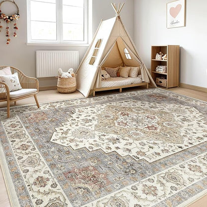 9x12 Area Rug Living Room: Washable Boho Large Neutral Vintage Soft Rugs Stain Resistant Farmhouse Non-Slip Indoor Floor Carpet for Bedroom Nursery Kids Playroom Office Dining Room- Orange Beige