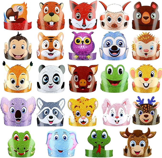 Tinlade 48 Pcs Animal Hats for Kids Jungle Safari Animal Paper Party Crowns Headbands Bulk Zoo Birthday Party Favors for Girls Boys
