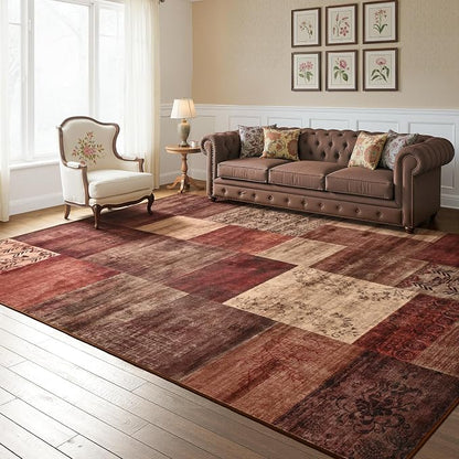 Tepook Modern Area Rug for Living Room, 8x10 Geometric Large Rugs for Bedroom, Washable Patchwork Rug Indoor Non-Slip Throw Carpets for Dining Room Office Farmhouse Home Decor, Red