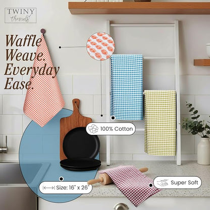TWINY threads 4 Pack Circle Waffle Kitchen Dish Towels 16"x26", 100% Cotton, Super Absorbent, Heavy Duty, Quick Drying Dishcloth Set, Premium Wash Rags, Great for Drying Dishes, Cleaning, Multicolor