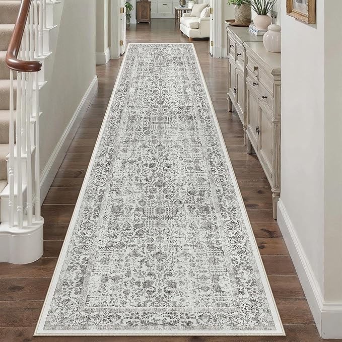 PureCozy Black Runner Rug 2'6"x14' Washable Carpet for Hallway Kitchen Vintage Distressed Non Slip Indoor Retro Floral Bedroom Accent Throw Long Rug Bathroom Office Laundry Dining Living Room