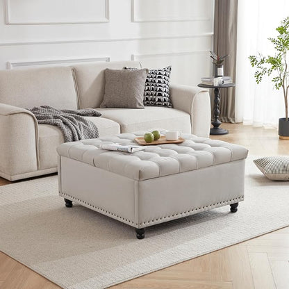Tbfit Large Square Storage Ottoman Bench, Tufted Upholstered Coffee Table