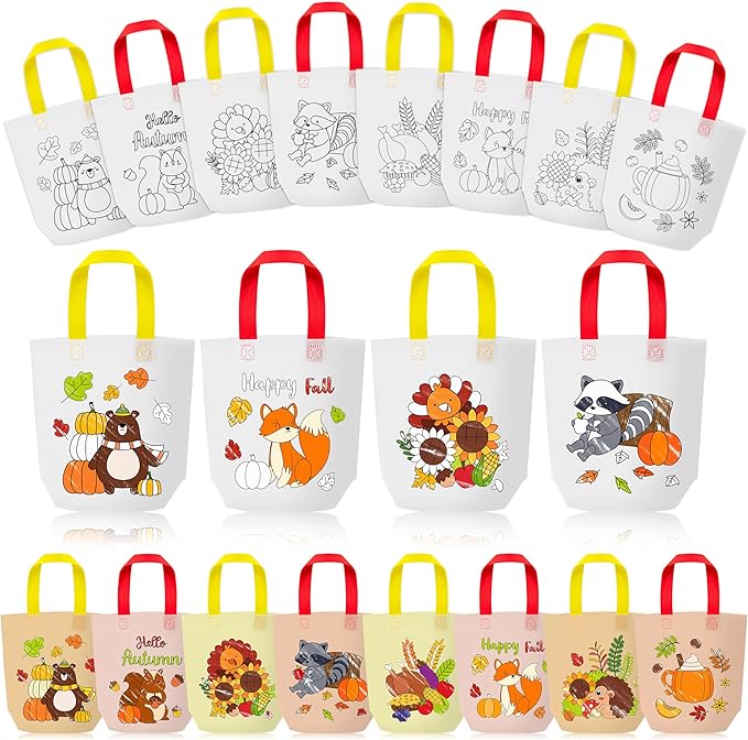 Fall Coloring Goodie Bags for Kids - 24Pcs Autumn Bulk Color Your Own Gift Bags with Handle Thanksgiving Reusable Coloring Bags Non Woven Tote Bag for DIY Crafts Painting Party Favor Supplies
