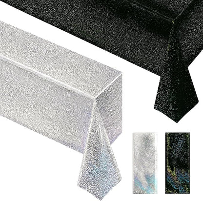 Just Shimmer 2 Pcs Black & Silver Holographic Laser Tablecloths Shiny Plastic Table Cloths 40" x 108" Black and White Classical Halloween Events Birthday Party Decor Anniversary Supplies