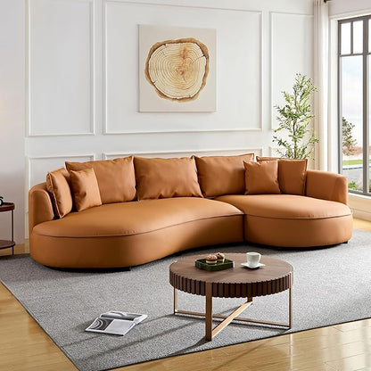 WILLIAMSPACE 124.8" Leather Curved Sofa Couch, Modern Upholstery Luxury Sofa with Pillows, Left Hand Facing Sectional Couch for Living Room (Right-Facing,Orange Leather)