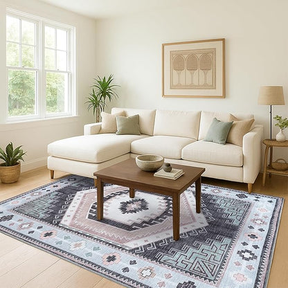 Fame Living Washable Area Rug. Modern Farmhouse. Vintage. Turkish. Bohemian. Distressed. Oriental. Traditional. Rugs for Living Room. Dining. Bedroom. Office. Entryway. (856BlckGry, 2'5" x 4'9")