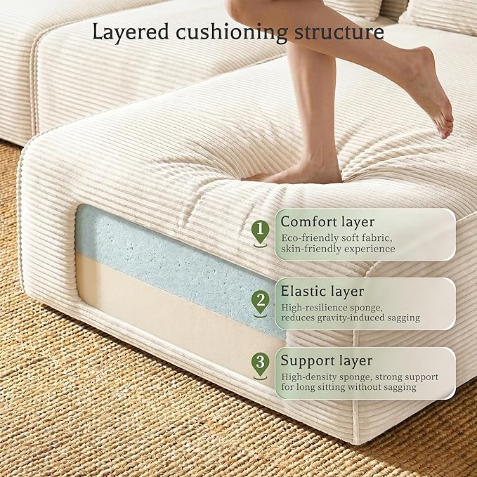 Homkdom L-Shaped Cloud Boneless Couch with Deep Seat, Modular Sectional Sofa with Oversized Chaise, 6 Layouts Combination for Living Room, Apartment, No Assembly (White, Right Chaise)