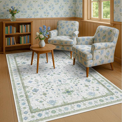 Green and Blue Kids Rugs for Bedroom 5x8 - Oushak Boho Cute Area Rug, Washable Low Pile Non-Slip Soft Foldable Indoor Carpet for Nursery, Playroom