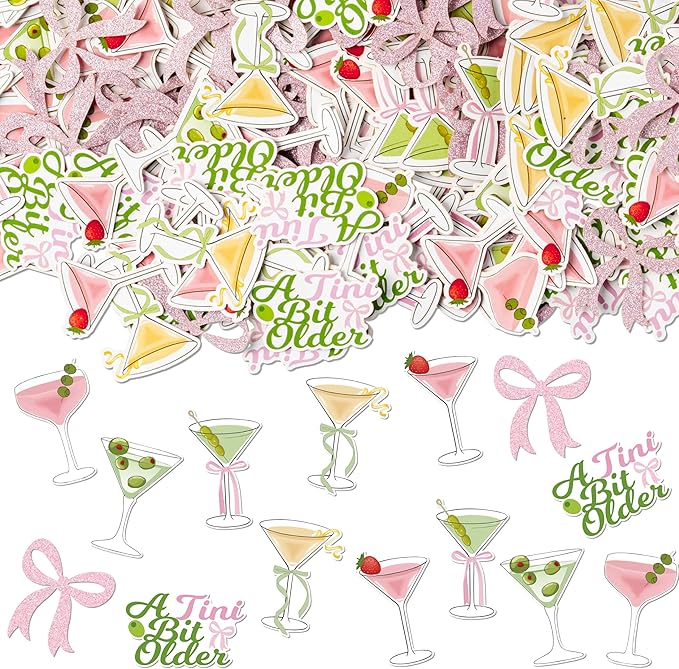BeYumi Martini Bow Table Confetti - 300Pcs A Tini Bit Older Table Confetti Decorations Colorful Martini and Pink Bows Birthday Paper Decor for Girls Birthday Wedding Bridal Shower Bar Party Supplies