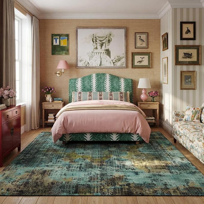 Kokia Abstract 9x12 Area Rugs Living Room Washable Dark Green Low Pile Non-Slip Indoor Decor Carpet Foldable Stain Resistant Ombre Rugs Bedroom Dining Room, Oslo Moss