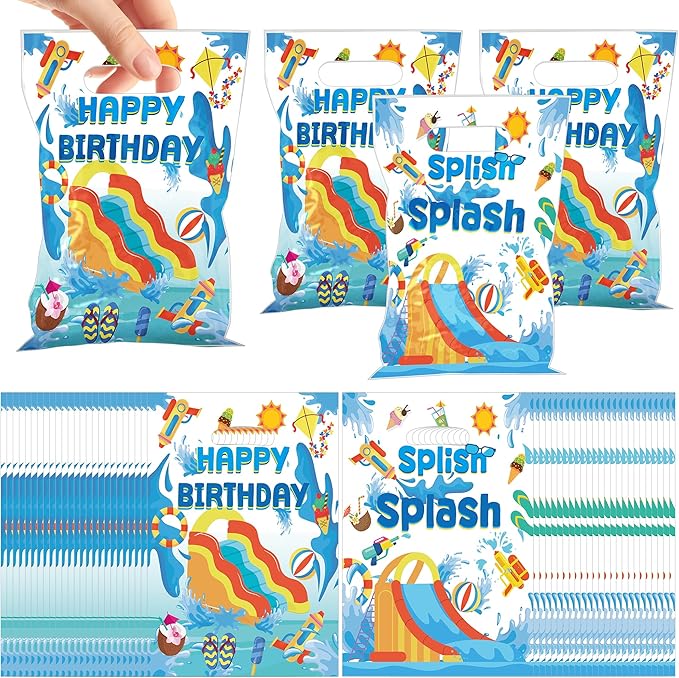 MOIZYNG 50Pcs Splish Splash Summer Birthday Gift Bags with Handles, Blue Splish Splash Happy Birthday Plastic Candy Treat Goodie Bags for Summer Pool Party Favors Supplies