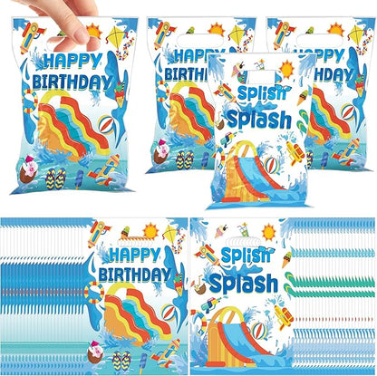 MOIZYNG 50Pcs Splish Splash Summer Birthday Gift Bags with Handles, Blue Splish Splash Happy Birthday Plastic Candy Treat Goodie Bags for Summer Pool Party Favors Supplies