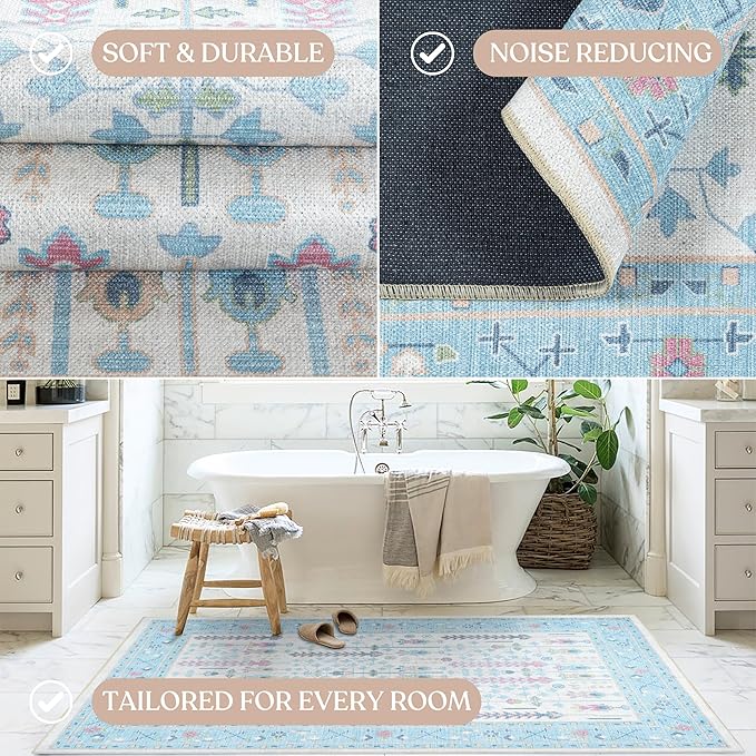 Fame Living Cream Blue Oushak Rug, Modern Small Rugs, Vintage, Turkish, Eclectic, Floral, Pastel, Washable, Door Mat, Doormat for Indoor Entrance, Entryway, Kitchen, Bathroom, Bedroom, Laundry, 2'x3'