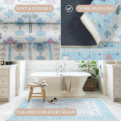 Fame Living Cream Blue Oushak Rug, Modern Small Rugs, Vintage, Turkish, Eclectic, Floral, Pastel, Washable, Door Mat, Doormat for Indoor Entrance, Entryway, Kitchen, Bathroom, Bedroom, Laundry, 2'x3'