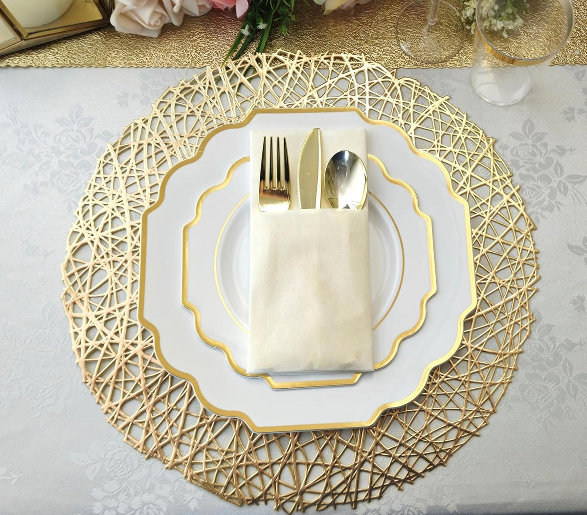 " OCCASIONS " 50 Plates Pack (25 Guests)-Heavyweight Wedding Party Disposable Plastic Plate Set -(25x10.5'' Dinner + 25x8'' Salad/Dessert) (Imperial White & Gold)
