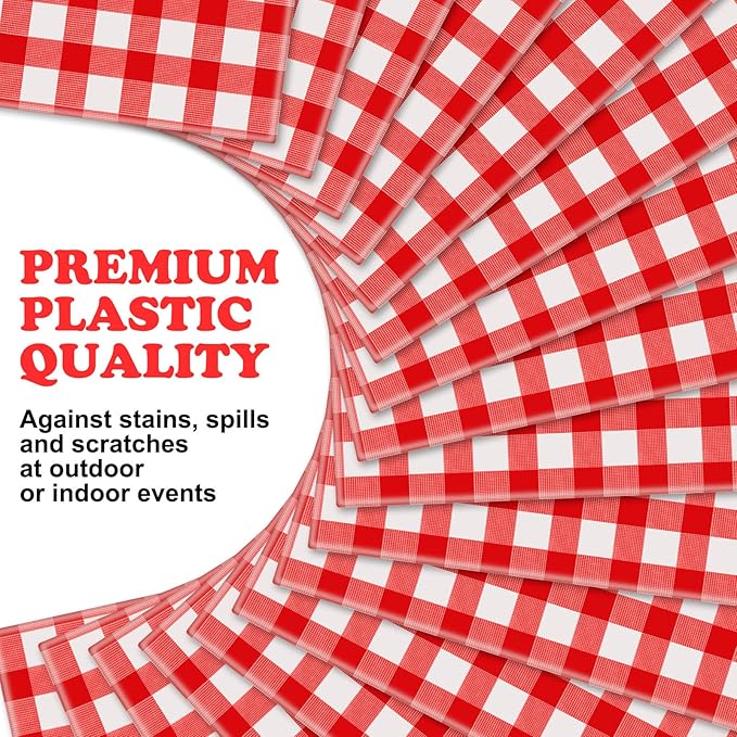 12 Pieces Plastic Checkered Tablecloth Gingham Tablecloth Rectangle Disposable Plaid Table Cloth 54 x 108 Inch 8 Foot Waterproof Picnic Table Covers for Barbecue Holiday Birthday Party(Red Checkered)