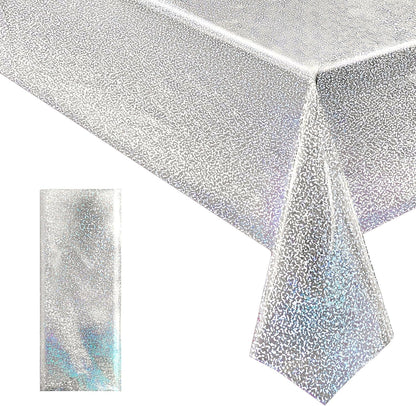 1 pcs Silver Holographic Tablecloths Shiny Disco Laser Table Cloths 40" x 108" Iridescence Plastic White Table Cover for Birthday Party Decoration Wedding Christmas Winter Grad Party Supplies