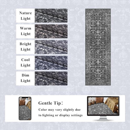 Washable Area Rug 2.6x8 Black Runner Rugs for Living Room, Vintage Boho Hallway Large Rug for Bedroom Dining Room Office, Distressed Floral Carpet for Under Table, Soft Non Slip Low Pile Throw Carpet
