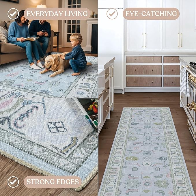 Fame Living Cream Blue Oushak Rug, Modern, Vintage, Turkish, Eclectic, Floral, Pastel, Washable, Large Area Rugs for Living Room, Dining, Bedroom, Girls, Boys, 7'5"x9'8"