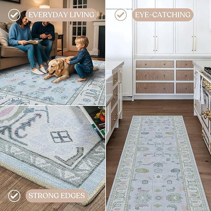 Fame Living Cream Blue Oushak Rug, Modern, Vintage, Turkish, Eclectic, Floral, Pastel, Washable, Large Area Rugs for Living Room, Dining, Bedroom, Girls, Boys, 7'5"x9'8"