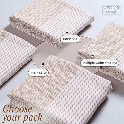 TWINY threads Kitchen Dish Towel Diamond Weave, Large Premium 100% Cotton Kitchen Linen Set, Absorbent Dish Rags for Drying Dishes, Quick Drying Washable Reusable, 4 Pack, 18x26 Inch, Beige