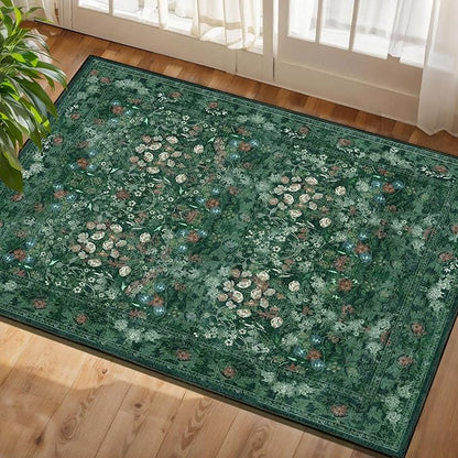 Green Cottagecore Washable Floral Rugs for Entryway - 2x3 Small Vintage Throw Rugs for Kitchen, Bathroom, Laundry, Indoor Entrance - Low Pile Non Slip Thin Rug, Boho Distressed Front Door Floor Mat