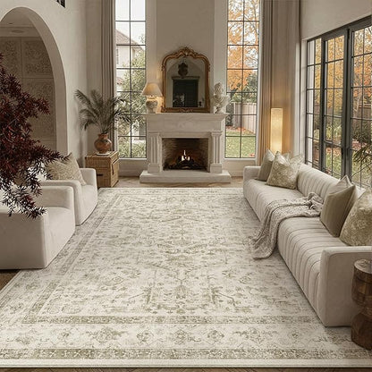 PureCozy Taupe 8x10 Area Rug Vintage Washable Living Room Carpet Non Slip Bedroom Indoor Office Low Pile Large Traditional Distressed Retro Accent Rug for Dining Room Bathroom Kitchen