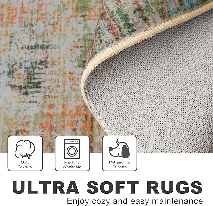 KILOCOCO Abstract Area Rug 3x5 Entryway Rug Washable Kitchen Rugs Non Slip Soft Pinted Entrance Rugs Indoor Mat for Front Door Foyer Farmhouse Living Room Floor Carpet, Green/Orange/Blue