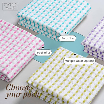 TWINY threads Multicolors White Waffle Towels 4 Pack, 16x26 Inches Absorbent Waffle Weave Kitchen Dish Cloth Set, Soft, Durable & Machine Washable Tea Towel, Rose Pink, Aqua Blue, Lavender, Green
