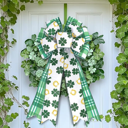 LaRibbons St Patricks Day Ribbon Wired 2 Rolls 2.5 Inch x 20 Yards Tt, Glitter Shamrock Green and White Plaid Ribbon for Crafts Supplies Wreath Bow Making DIY