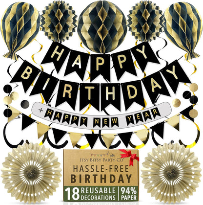 Premium Reusable - Black and Gold Birthday Decorations for Men and Women - Multi-occasion Banner, Pennant Banner, Paper Fans - Party Decor by Itsy Bitsy Party Co