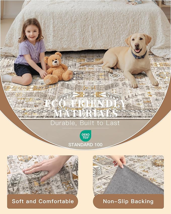 Madane Hallway Runner Rug 3x16 - Vintage Non Slip Washable 16ft Kitchen Runner for Entrance Soft Long Carpet Runners for Living Room Bathroom Low Pile Floor Mat for Bedroom Dining Room, Brown/Gold