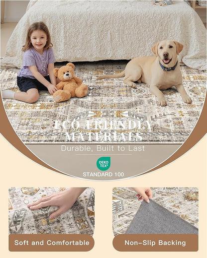 Madane Hallway Runner Rug 3x16 - Vintage Non Slip Washable 16ft Kitchen Runner for Entrance Soft Long Carpet Runners for Living Room Bathroom Low Pile Floor Mat for Bedroom Dining Room, Brown/Gold