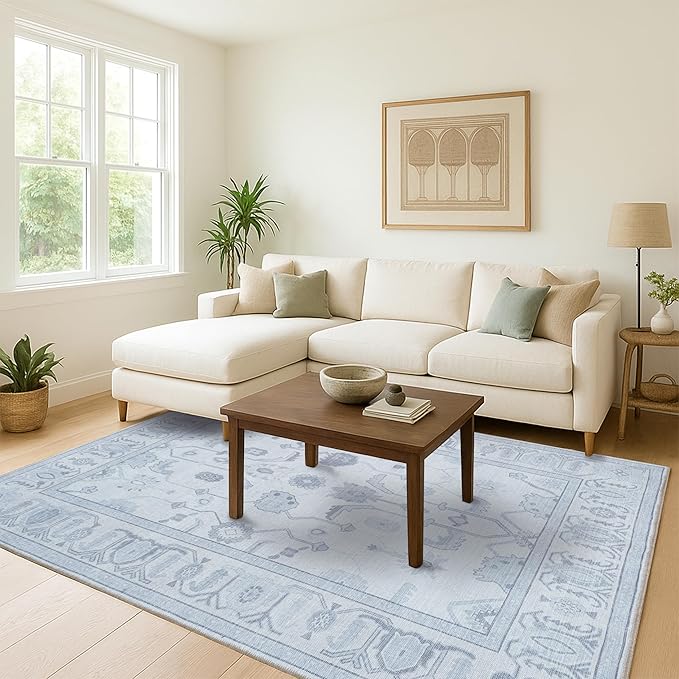 Fame Living Beige Oushak Rug, Modern Small Rugs, Vintage, Turkish, Eclectic, Floral, Pastel, Washable, Door Mat, Doormat for Indoor Entrance, Entryway, Kitchen, Bathroom, Bedroom, Laundry, 2'x3'