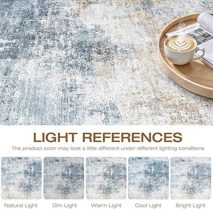 8x10 Area Rugs Living Room: Washable Large Neutral Rug Abstract Soft Modern Stain Resistant Indoor Floor Non-Slip Carpet for Bedroom Nursery Kids Office Playroom Dining Room Under Table- Blue Gold