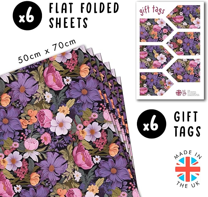 CENTRAL 23 Floral Wrapping Paper For Women - 6 Sheets Of Birthday Gift Wrap - Pink Purple White Yellow Flowers - Spring - Bridal Shower - Comes With Stickers