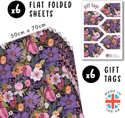 CENTRAL 23 Floral Wrapping Paper For Women - 6 Sheets Of Birthday Gift Wrap - Pink Purple White Yellow Flowers - Spring - Bridal Shower - Comes With Stickers