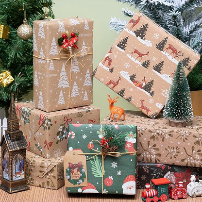 Larcenciel Christmas Gift Wrapping Paper Set, 6 Sheets with Tags, Stickers, Twine and Tape, Classic Holiday Kraft Wrapping Paper, Green Brown Elegant Xmas Gift Wraps for Girly, Boys, Coworker, Friends