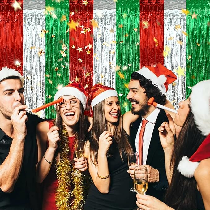 BEISHIDA 3Pcs Red Silver Green Door Streamer Christmas Day Backdrop Foil Fringe Tinsel Merry Christmas Curtains Backdrops for Christmas Day Party Decoration (3.28 ft x 6.56 ft)