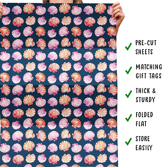 CENTRAL 23 Seashell Wrapping Paper - 6 Sheets Ocean Beach Theme Gift Wrap For Women Girls Birthday Wedding Or Anniversary - Pink And Purple Shells Blue - Comes With Tags