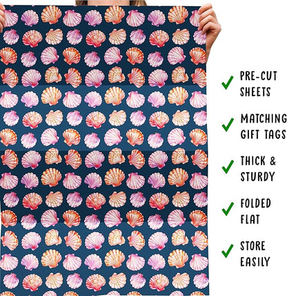 CENTRAL 23 Seashell Wrapping Paper - 6 Sheets Ocean Beach Theme Gift Wrap For Women Girls Birthday Wedding Or Anniversary - Pink And Purple Shells Blue - Comes With Tags