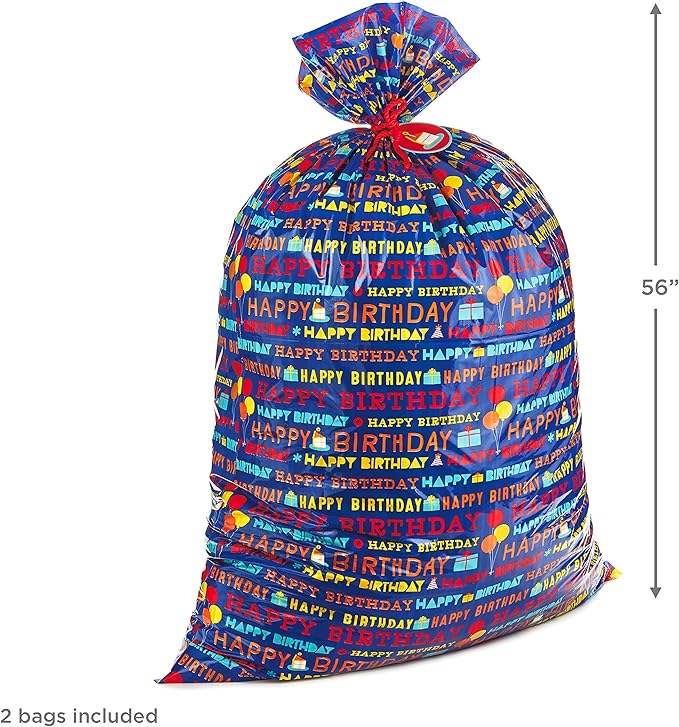Hallmark 56" Large Plastic Gift Bag Bundle (2 Bags: Blue Happy Birthday) for Birthdays, Kids Parties and More