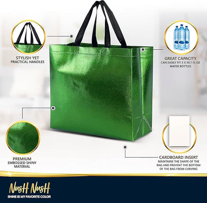 Nush Nush Large Green Gift Bags Bulk – Set of 60 Shiny Reusable Green Gift Bags With Handles - Perfect Goodie Bag for Mothers Day, Birthday Party Favor s, Holiday, Parties and Events – 13Wx5Dx11H