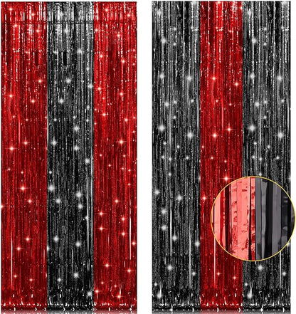 PIGETALE, 2 Pack 3.2x8.2 Feet Black and Red Foil Fringe Curtains Party Decorations, Tinsel Curtain Backdrop Streamers for Birthday Graduation Fiesta Stranger Theme Halloween Christmas Party Supplies